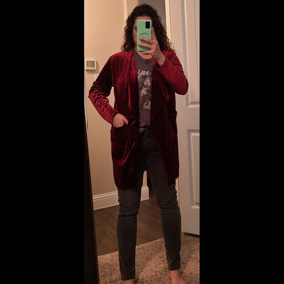 Hipster Row sweater cardigan wine large velvet velour - Picture 4 of 5